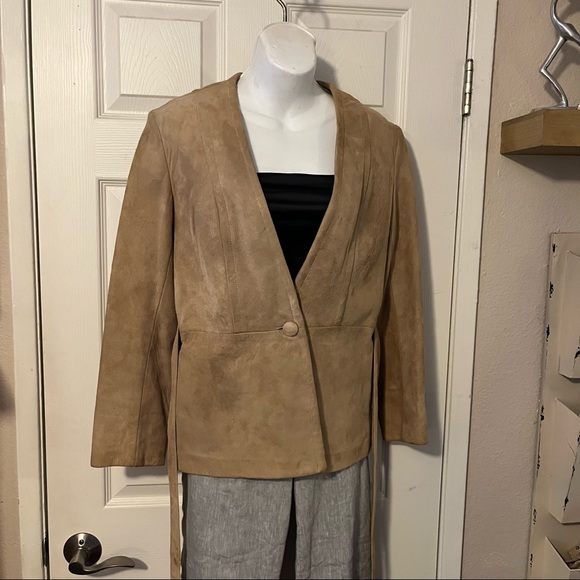 Leather Craft Process Of America Tan Suede One Button Belted Blazer Jacket - Picture 4 of 10